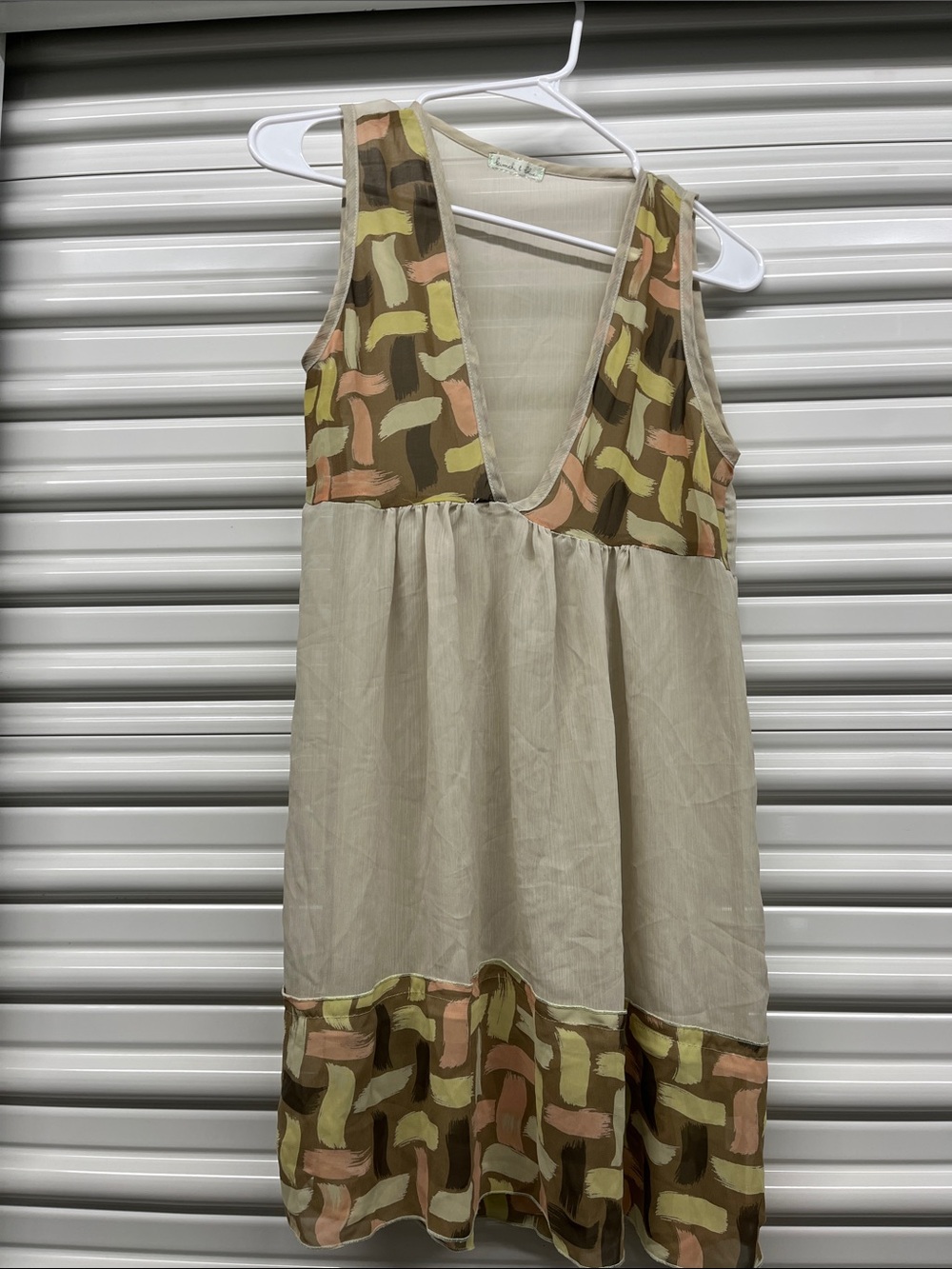 Kimchi Blue Beige Dress with Olive and Blush Patterned Accents Size S